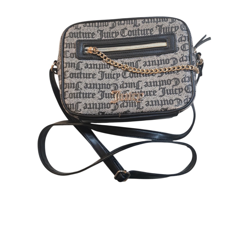 Juicy Couture Gothic‎ Logo Monogram Crossbody Bag Black Grey Gold Chain Accent